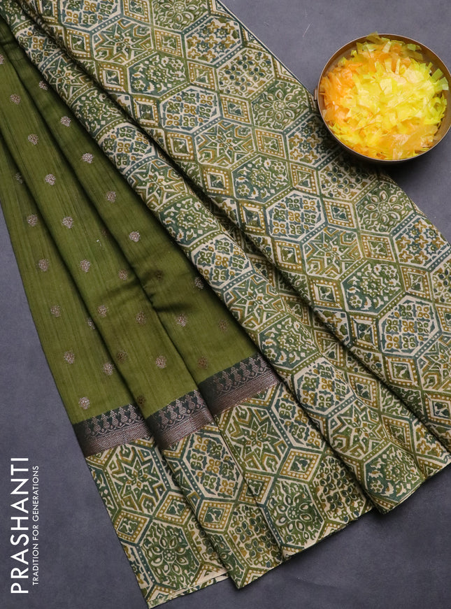 Chanderi silk cotton saree sap green and beige with allover zari buttas and printed border