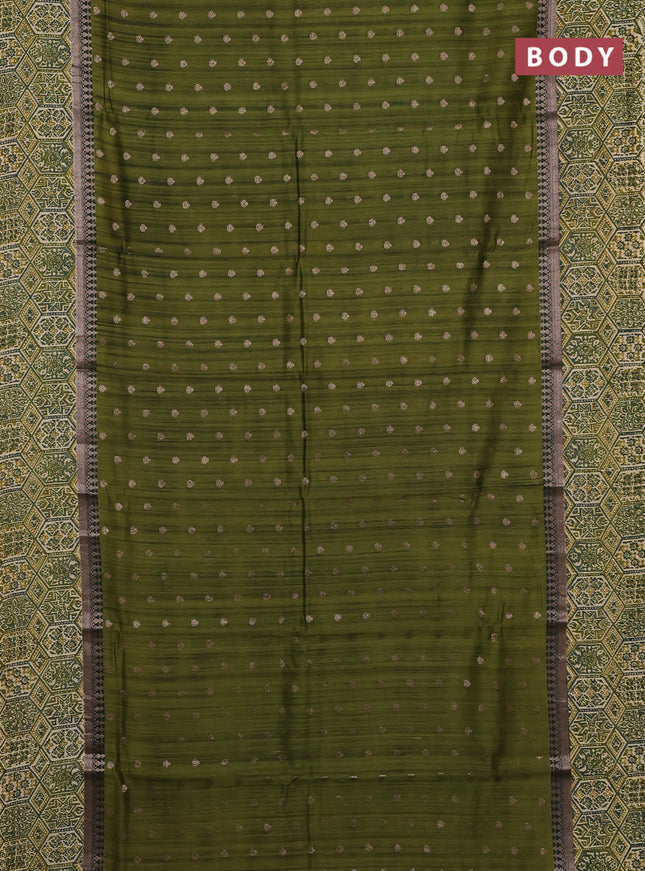 Chanderi silk cotton saree sap green and beige with allover zari buttas and printed border