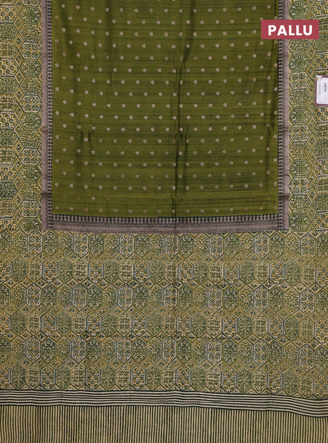 Chanderi silk cotton saree sap green and beige with allover zari buttas and printed border