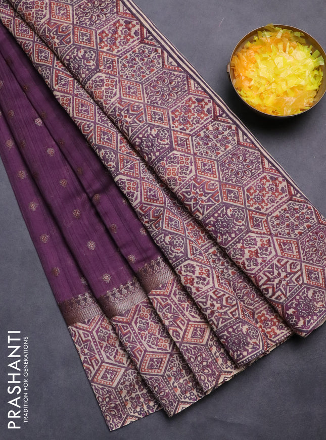 Chanderi silk cotton saree dark purple and beige with allover zari buttas and printed border