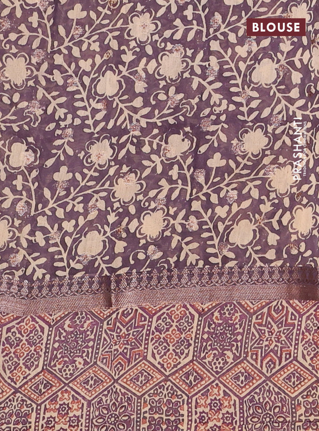 Chanderi silk cotton saree dark purple and beige with allover zari buttas and printed border