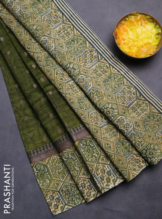 Chanderi silk cotton saree sap green and beige with allover zari buttas and printed border
