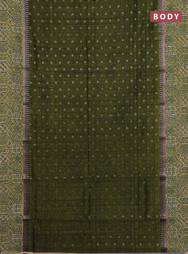 Chanderi silk cotton saree sap green and beige with allover zari buttas and printed border