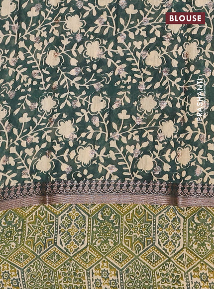 Chanderi silk cotton saree sap green and beige with allover zari buttas and printed border