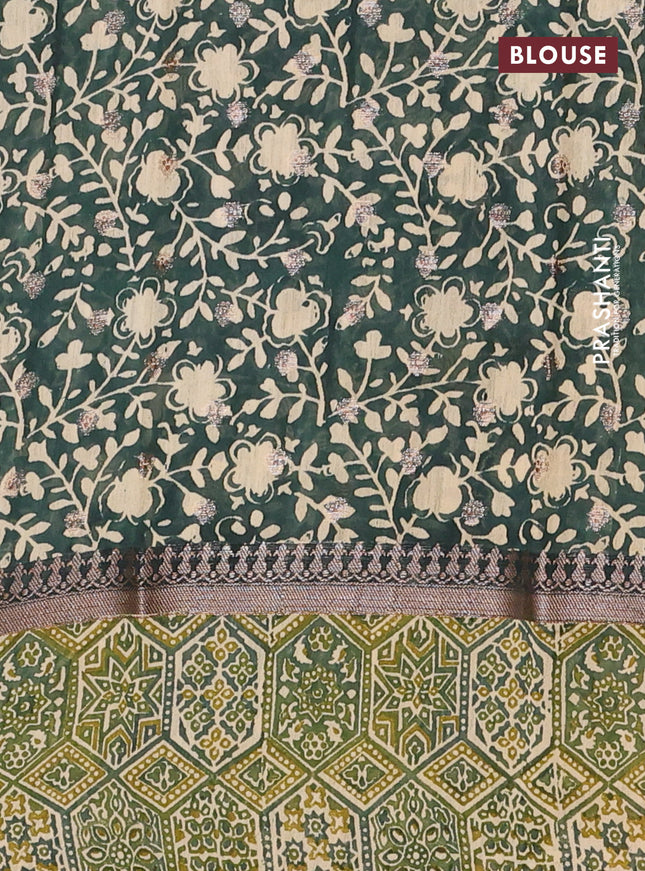 Chanderi silk cotton saree sap green and beige with allover zari buttas and printed border