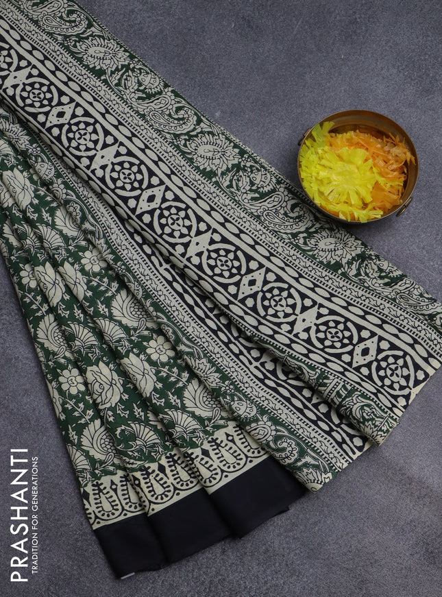 Jaipur cotton saree green and black with allover kalamkari print and printed border