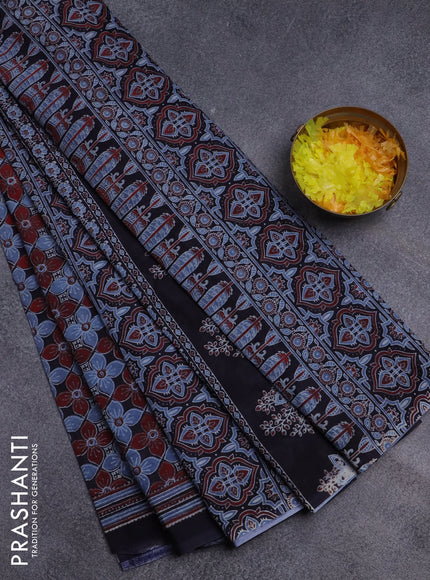 Jaipur cotton saree black and blue maroon with allover ajrakh prints and printed border