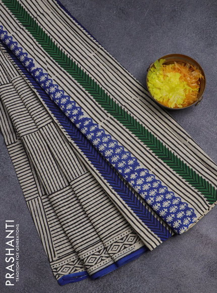Jaipur cotton saree beige black and blue with allover stripe pattern and printed border
