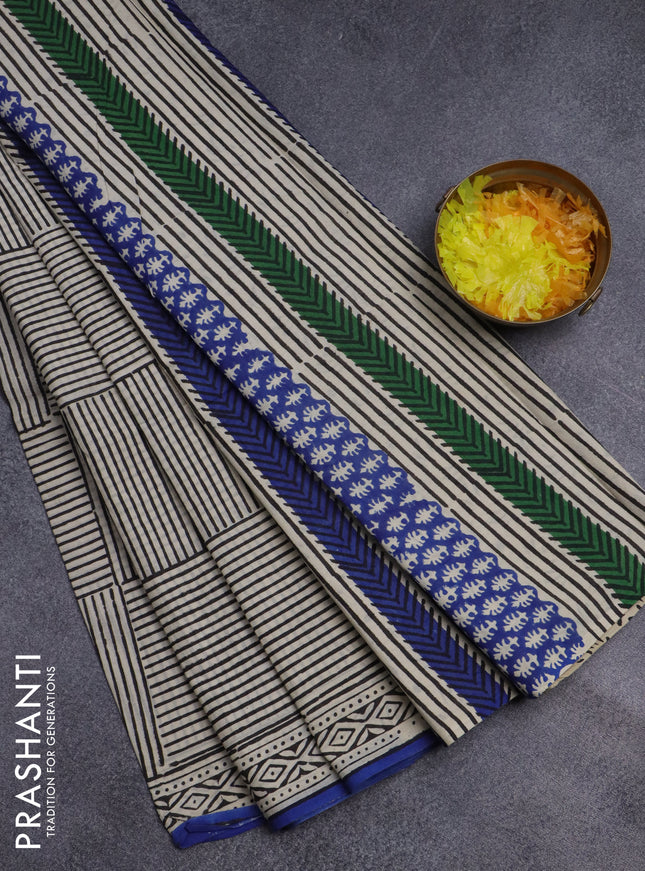 Jaipur cotton saree beige black and blue with allover stripe pattern and printed border