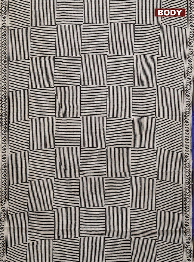Jaipur cotton saree beige black and blue with allover stripe pattern and printed border