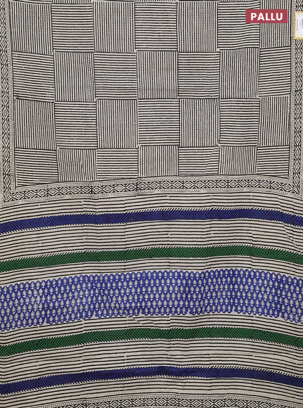 Jaipur cotton saree beige black and blue with allover stripe pattern and printed border