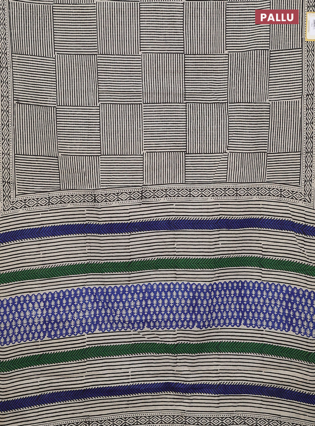Jaipur cotton saree beige black and blue with allover stripe pattern and printed border