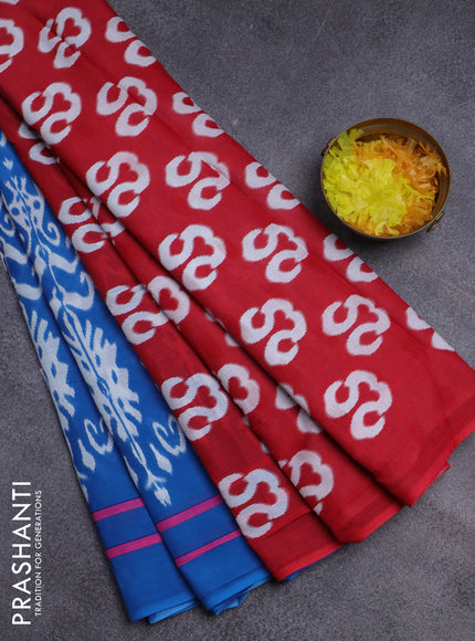 Jaipur cotton saree blue and red with allover ikat prints and printed border