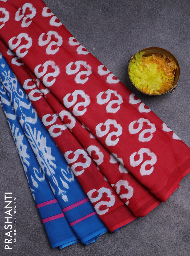 Jaipur cotton saree blue and red with allover ikat prints and printed border