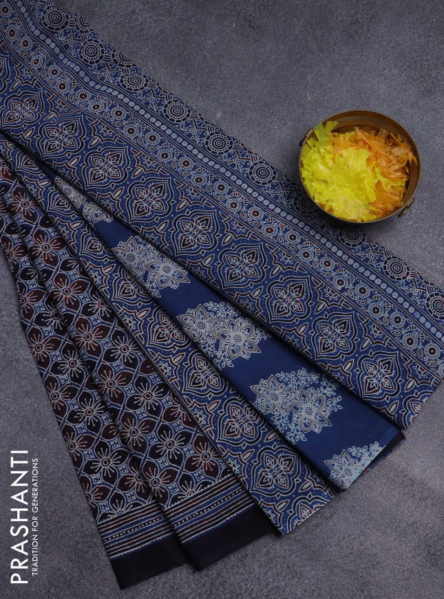 Jaipur cotton saree blue and maroon with allover ajrakh prints and printed border