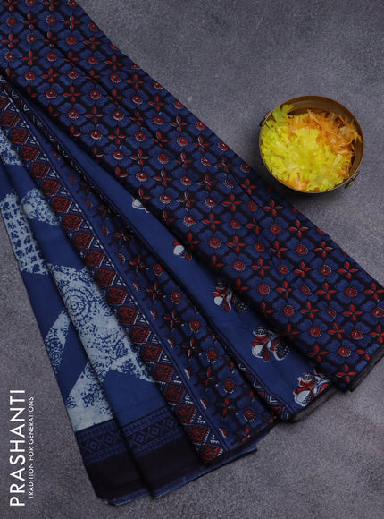 Jaipur cotton saree indigo blue beige and black with allover prints and printed border