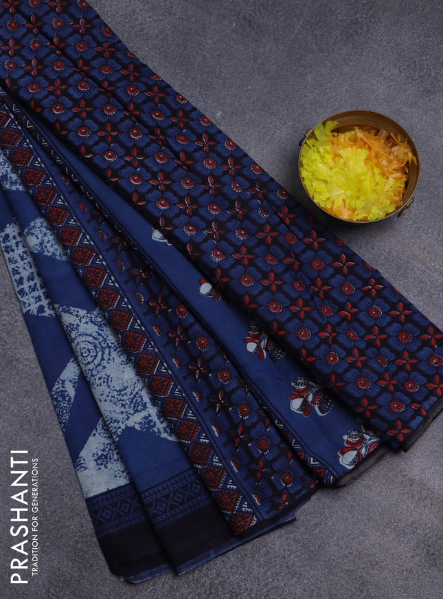 Jaipur cotton saree indigo blue beige and black with allover prints and printed border