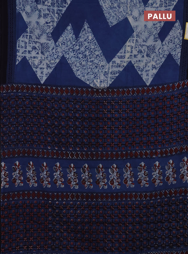 Jaipur cotton saree indigo blue beige and black with allover prints and printed border