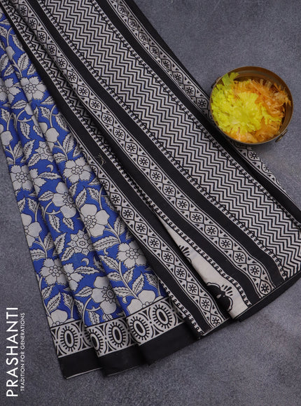 Jaipur cotton saree blue and black with allover floral prints and printed border