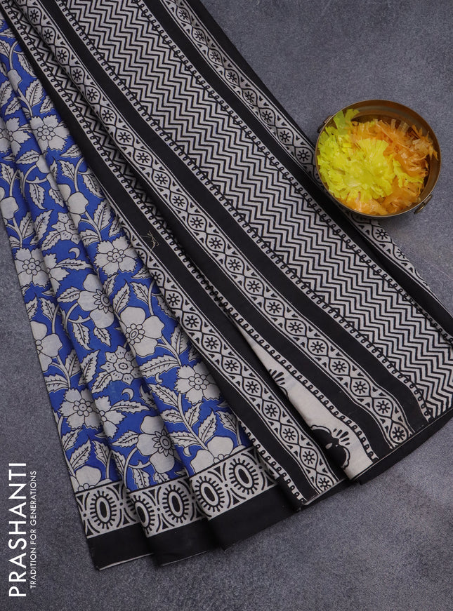 Jaipur cotton saree blue and black with allover floral prints and printed border