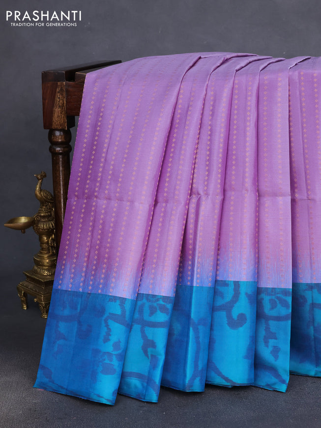 Pure soft silk saree lavender and dual shade of blue with copper zari woven buttas and ikat style border