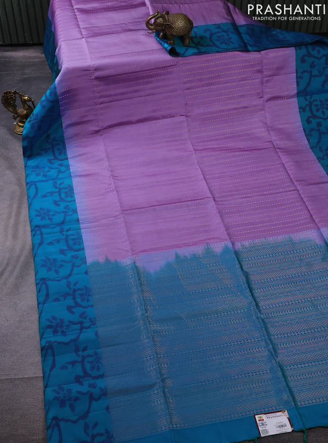 Pure soft silk saree lavender and dual shade of blue with copper zari woven buttas and ikat style border