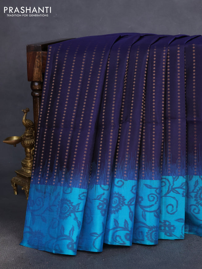 Pure soft silk saree navy blue and dual shade of blue with copper zari woven buttas and ikat style border