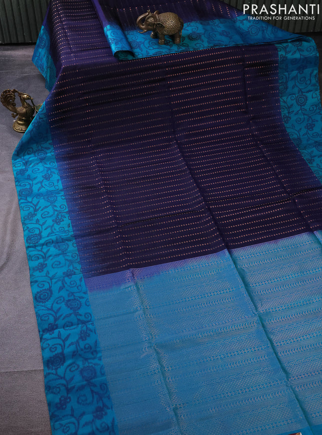 Pure soft silk saree navy blue and dual shade of blue with copper zari woven buttas and ikat style border