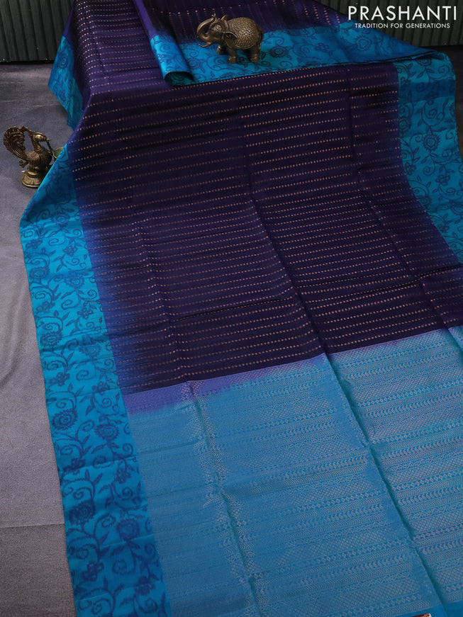 Pure soft silk saree navy blue and dual shade of blue with copper zari woven buttas and ikat style border