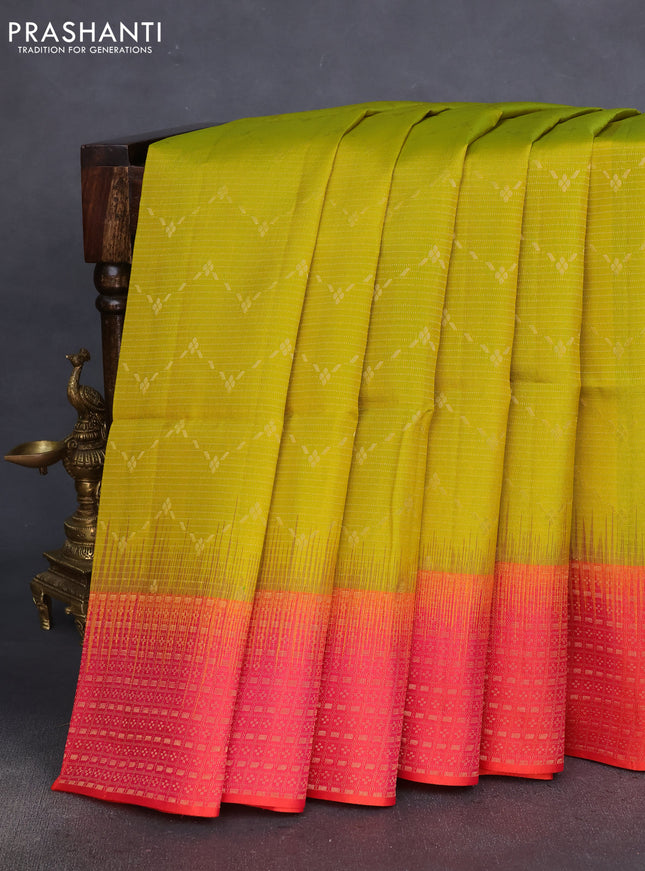 Pure soft silk saree lime green and dual shade of pinkish orange with allover zari woven brocade weaves and zari woven border