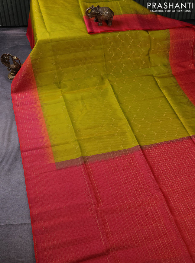 Pure soft silk saree lime green and dual shade of pinkish orange with allover zari woven brocade weaves and zari woven border
