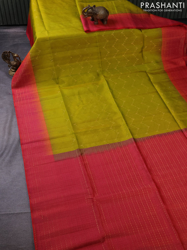 Pure soft silk saree lime green and dual shade of pinkish orange with allover zari woven brocade weaves and zari woven border