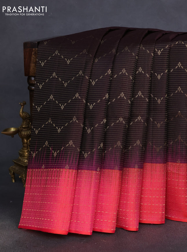 Pure soft silk saree coffee brown and dual shade of pinkish orange with allover zari woven brocade weaves and zari woven border