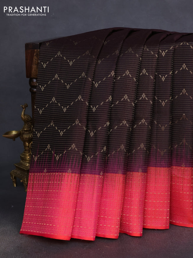 Pure soft silk saree coffee brown and dual shade of pinkish orange with allover zari woven brocade weaves and zari woven border