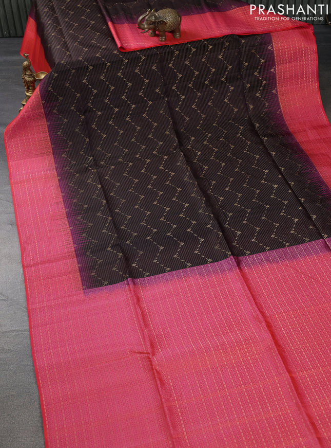 Pure soft silk saree coffee brown and dual shade of pinkish orange with allover zari woven brocade weaves and zari woven border