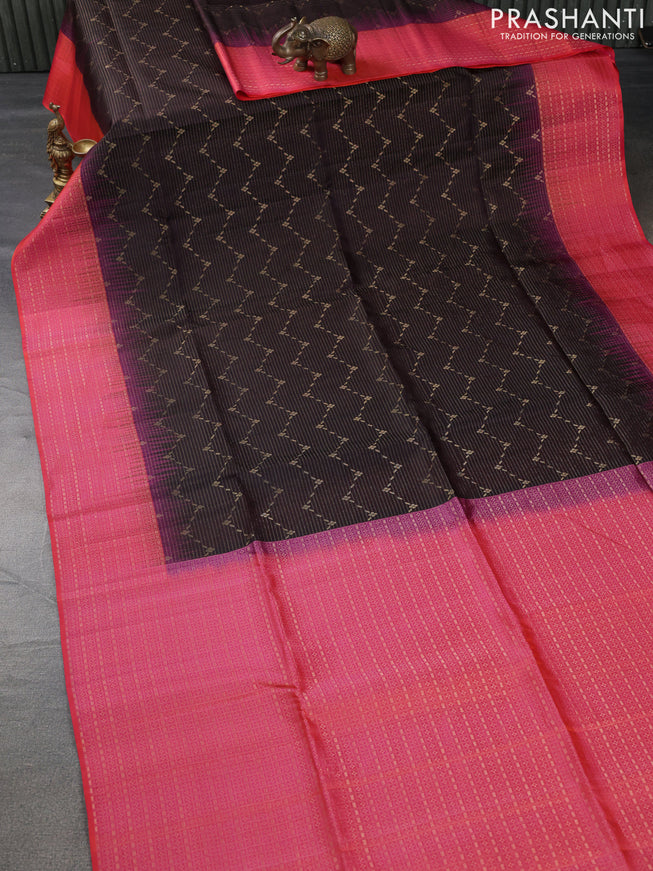 Pure soft silk saree coffee brown and dual shade of pinkish orange with allover zari woven brocade weaves and zari woven border