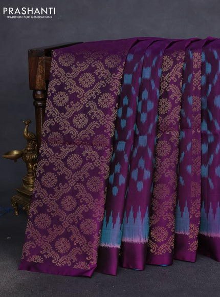 Pure soft silk saree purple and dual shade of blue with allover ikat weaves & zari buttas in borderless style