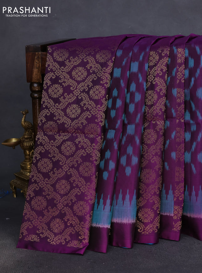 Pure soft silk saree purple and dual shade of blue with allover ikat weaves & zari buttas in borderless style