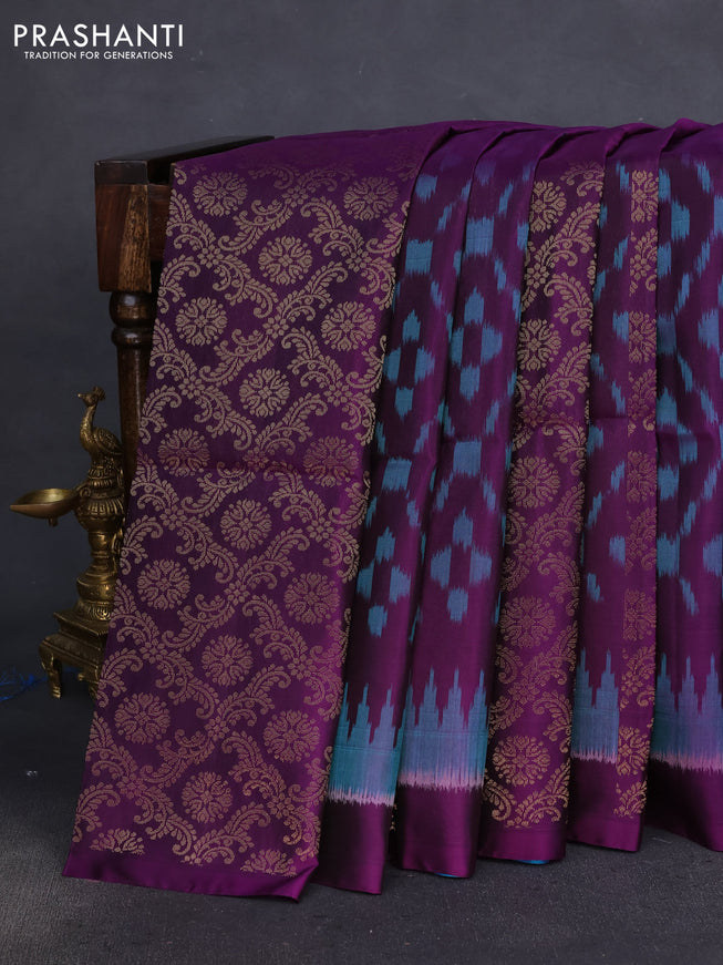 Pure soft silk saree purple and dual shade of blue with allover ikat weaves & zari buttas in borderless style