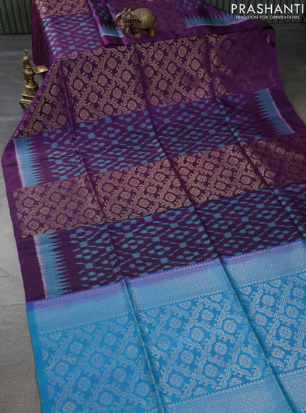 Pure soft silk saree purple and dual shade of blue with allover ikat weaves & zari buttas in borderless style