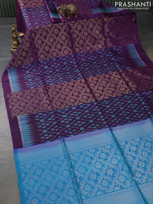 Pure soft silk saree purple and dual shade of blue with allover ikat weaves & zari buttas in borderless style