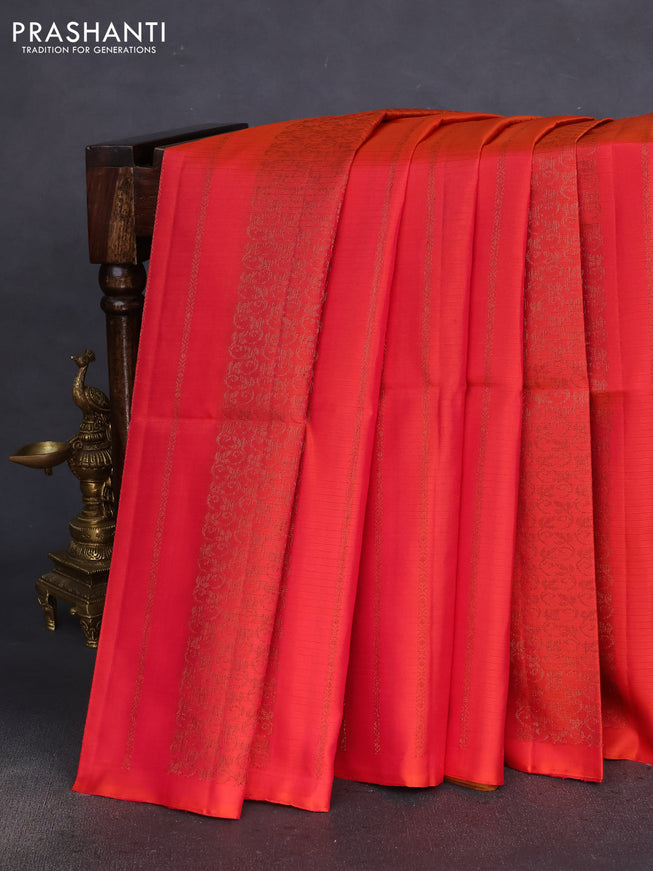 Pure soft silk saree dual shade of pinkish orange and dark mustard with allover thread & zari weaves in borderless style