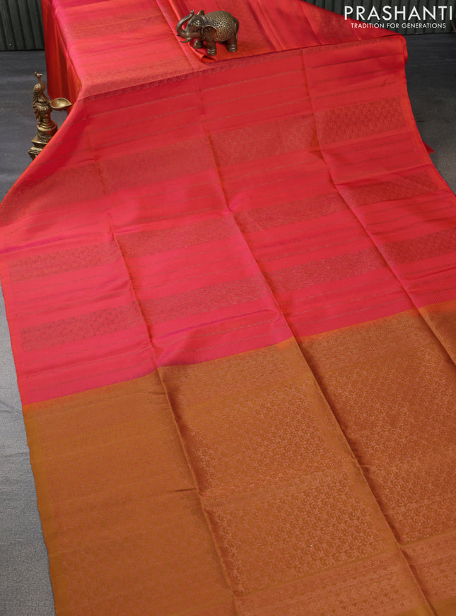 Pure soft silk saree dual shade of pinkish orange and dark mustard with allover thread & zari weaves in borderless style