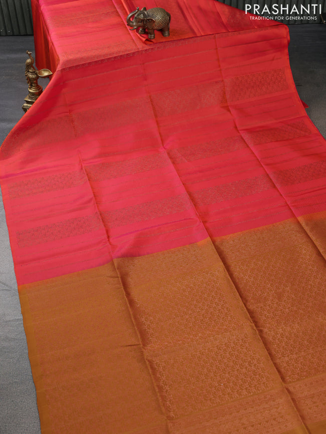 Pure soft silk saree dual shade of pinkish orange and dark mustard with allover thread & zari weaves in borderless style