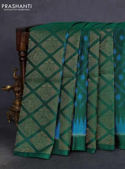 Pure soft silk saree green and mustard yellow with allover ikat weaves & zari buttas in borderless style