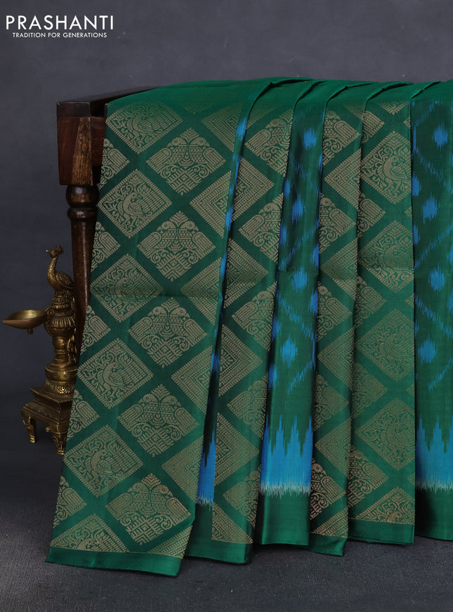 Pure soft silk saree green and mustard yellow with allover ikat weaves & zari buttas in borderless style