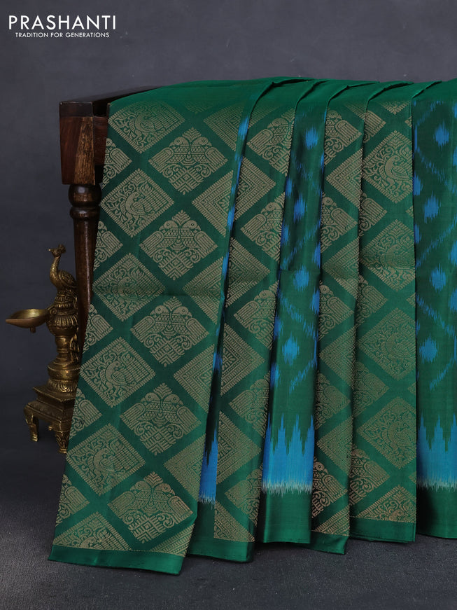 Pure soft silk saree green and mustard yellow with allover ikat weaves & zari buttas in borderless style