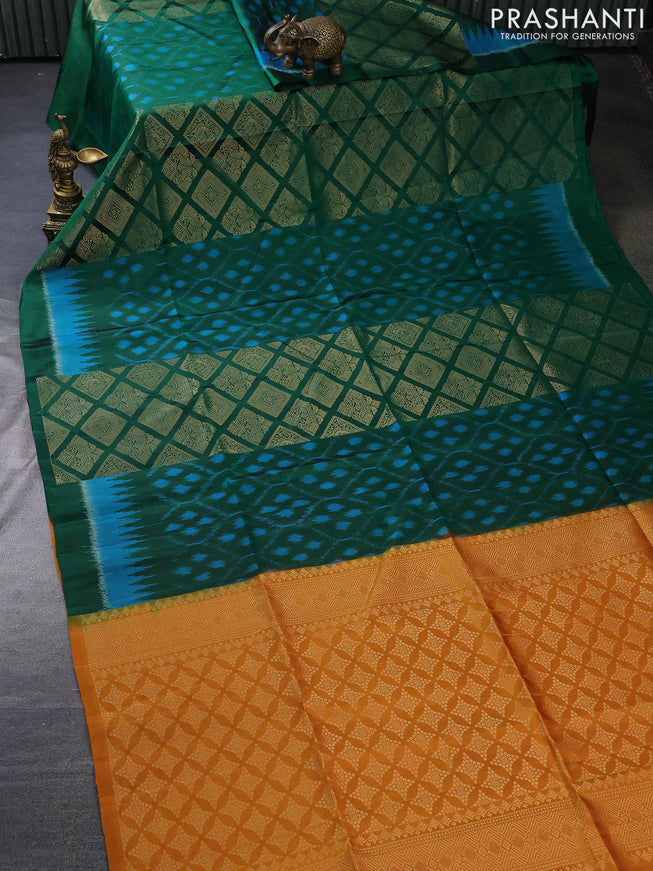 Pure soft silk saree green and mustard yellow with allover ikat weaves & zari buttas in borderless style