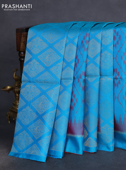 Pure soft silk saree teal blue and peach pink shade with allover ikat weaves & zari buttas in borderless style