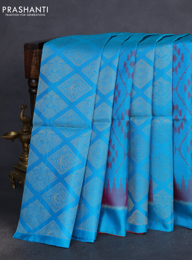 Pure soft silk saree teal blue and peach pink shade with allover ikat weaves & zari buttas in borderless style